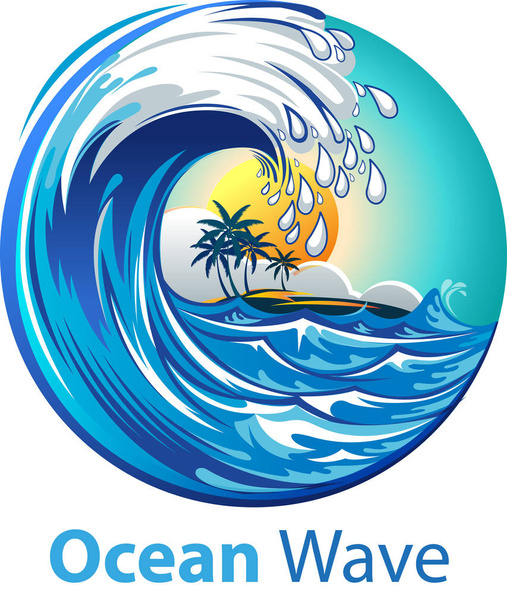 Ilustración vectorial de las olas oceánicas, fondo del amanecer, con la silueta de la isla y algunos cocoteros
. - Vector, Imagen