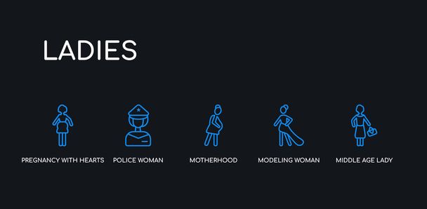 5 outline stroke blue middle age lady, modeling woman, motherhood, police woman, pregnancy with hearts icons from ladies collection on black background. line editable linear thin icons. - Vector, Image