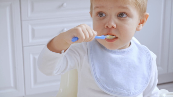 urocze Toddler chłopiec siedzi w krzesełko na szelkach i jedzenie puree z plastikową łyżką  - Materiał filmowy, wideo