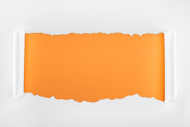 bílý papír s potrhanou texturou s okraji kudrlinkou na oranžovém pozadí  - Fotografie, Obrázek