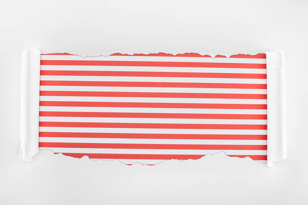 zerlumptes, strukturiertes weißes Papier mit Lockenrändern auf rot gestreiftem Hintergrund  - Foto, Bild