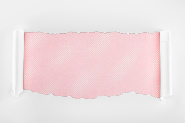poszarpane teksturowane biały papier z curl krawędzie na różowym tle  - Zdjęcie, obraz