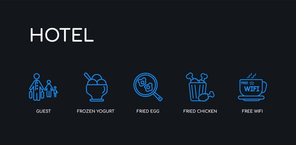 5 outline stroke blue free wifi, fried chicken, fried egg, frozen yogurt, guest icons from hotel collection on black background. line editable linear thin icons. - Vector, Image