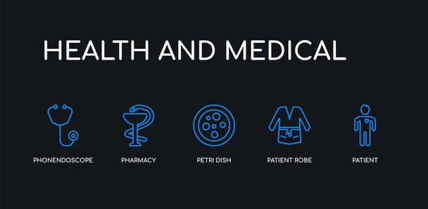 5 outline stroke blue patient, patient robe, petri dish, pharmacy, phonendoscope icons from health and medical collection on black background. line editable linear thin icons. - Vektor, obrázek