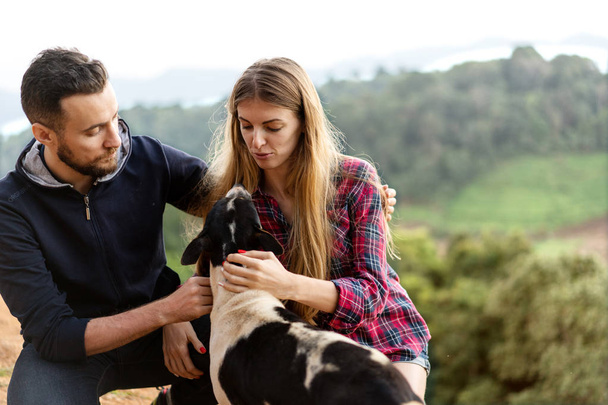 couple in love with a dog in the mountains - Foto, Imagem