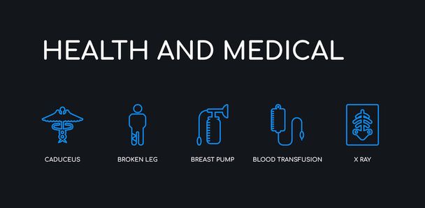5 outline stroke blue x ray, blood transfusion, breast pump, broken leg, caduceus icons from health and medical collection on black background. line editable linear thin icons. - Vector, Image