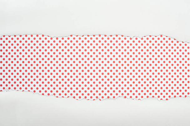 roztrhaný bílý texturované papír s prostorem pro kopírování na červené tečkované pozadí  - Fotografie, Obrázek