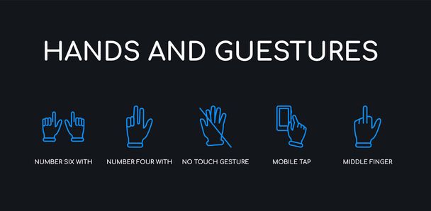 5 контурний хід синього середнього пальця, мобільний кран, без дотику жест, номер чотири з чотирма пальцями, номер шість з шістьма піктограмами пальців з рук і колекція гостей на чорному тлі. лінія
 - Вектор, зображення