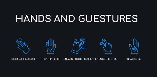 5 kontur skok niebieski przeciągnij Flick, powiększyć gest, powiększyć gest ekran dotykowy, pięć palców, instalacji Fleck lewy gest ikony z rąk i kolekcji guestures na czarnym tle. liniowo edytowalne liniowe - Wektor, obraz