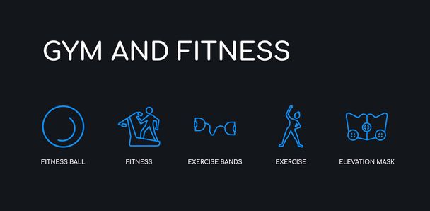 5 obrysů modrá elevace, cvičení, cvičný pásy, fitness, fitness Ball ikony z tělocvičny a fitness kolekce na černém pozadí. Spojnicový upravitelný lineární tenký panel. - Vektor, obrázek