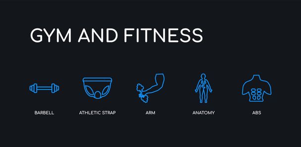 5 контур штрих синий пресс, анатомия, рука, спортивный ремень, штанга иконы из спортзала и фитнес-коллекции на черном фоне. отредактируемые линейные тонкие значки
. - Вектор,изображение