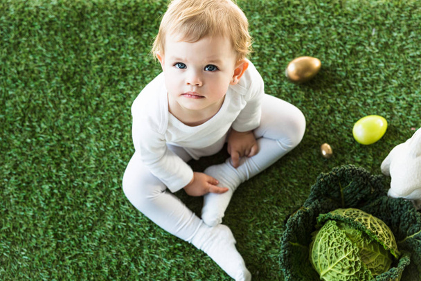 vista superior de un niño adorable mirando a la cámara mientras está sentado cerca de los huevos de Pascua, conejo decorativo y col de col rizada
 - Foto, imagen