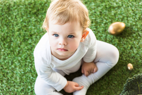 vista superior de lindo bebé sentado en la hierba verde cerca de los huevos de Pascua y mirando a la cámara
 - Foto, imagen