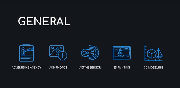 5アウトラインストロークブルー3Dモデリング、3D印刷、アクティブセンサー、黒の背景に一般的なコレクションから写真、広告代理店のアイコンを追加します。線編集可能な線形薄いアイコン. - ベクター画像