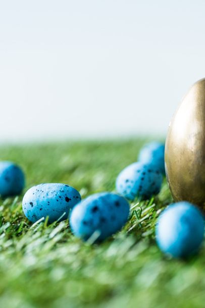 selective focus of blue quail eggs, and golden chicken egg on green grass surface - Foto, Imagen