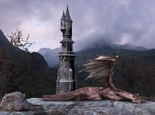 Fairy Tale Fantasy Dragon Tower - Foto, afbeelding