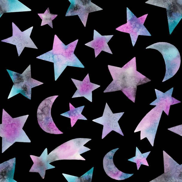 Aquarellsterne und Himmelskörper. nahtloses Muster auf schwarzem Hintergrund - Foto, Bild