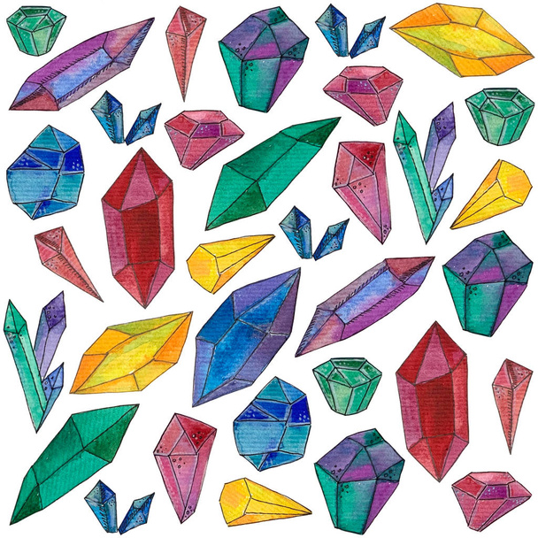 Set with watercolor illustration of crystals gems. - Photo, Image