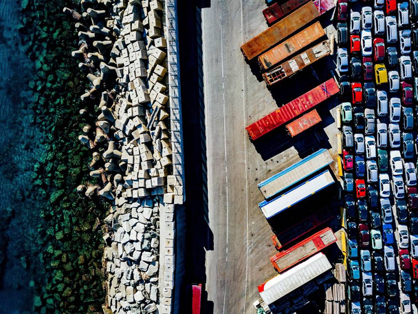 Aerial view of used cars lined up in the port  - Photo, Image