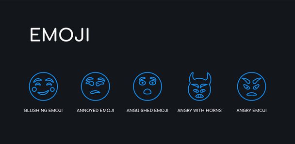 5 περίγραμμα περιγράμματος μπλε θυμωμένος emoji, θυμωμένος με κέρατα emoji, αγωνιούν emoji, ενοχλημένος ανθισμένο εικόνες από τη συλλογή σε μαύρο φόντο. γραμμή επεξεργάσιμο γραμμικά λεπτά εικονίδια. - Διάνυσμα, εικόνα