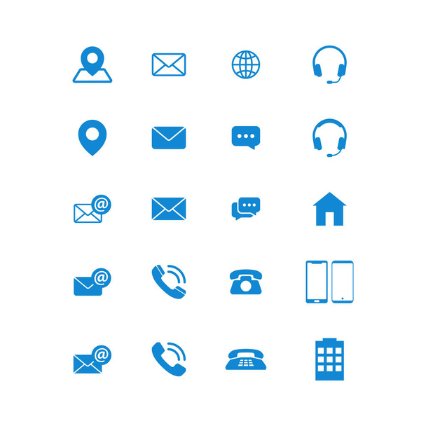 Moderne communicatie contact ons ingesteld iconen ontwerp symbolen voor technologie bedrijf alle bedrijf met high-end kijk op blauwe kleur vectorillustratie geïsoleerd op witte achtergrond - Vector, afbeelding