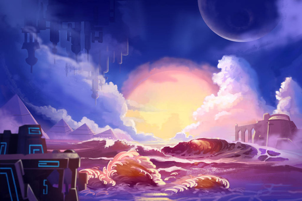 Alien Planet. Videospiel digitale CG-Grafik, Konzeptillustration, realistischer Cartoon-Stil - Foto, Bild