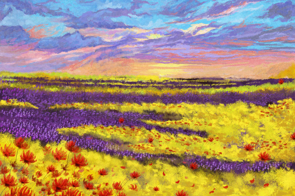  Flower Plain Field e il cielo colorato. Pittura in stile acquerello
  - Foto, immagini
