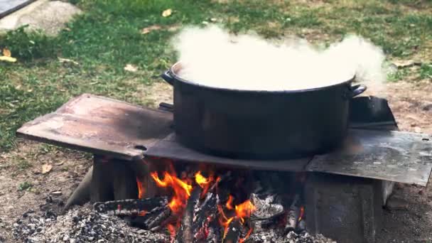 alte Art der Zubereitung von Apfelmarmelade-Lagerfeuer - Filmmaterial, Video