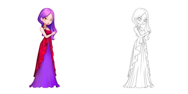 Bloed-rode vampier prinses. Kleurboek, schets schetsen, karakter ontwerp geïsoleerd op witte achtergrond - Foto, afbeelding