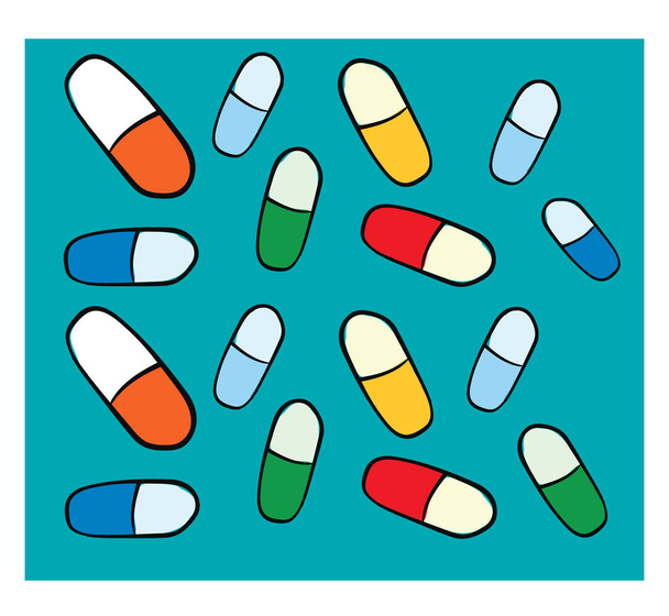 Texture of colorfull pills on blue background and white frame ve - Vector, Image