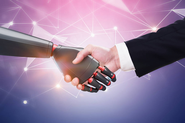 Człowieka robot drżenie ręki, fioletowy tło - Zdjęcie, obraz