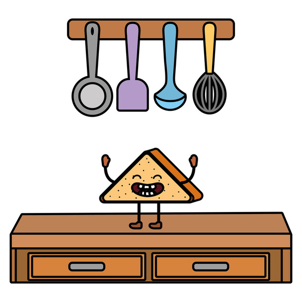 deliciosa comida sabrosa pan tostado kawaii en la cocina de dibujos animados vector ilustración diseño gráfico
 - Vector, imagen