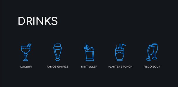 5 overzicht beroerte blauwe Pisco Sour, plantenbak Punch, Mint Julep, Ramos Gin Fizz, Daiquiri iconen uit dranken collectie op zwarte achtergrond. lijn bewerkbare lineaire dunne pictogrammen. - Vector, afbeelding