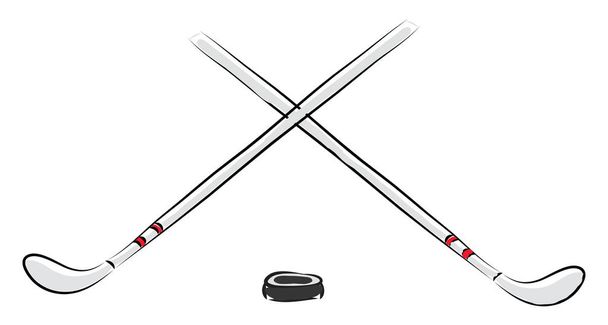 Vektor-Illustration von zwei weißen Hockeyschlägern und schwarzem Puck. wh - Vektor, Bild