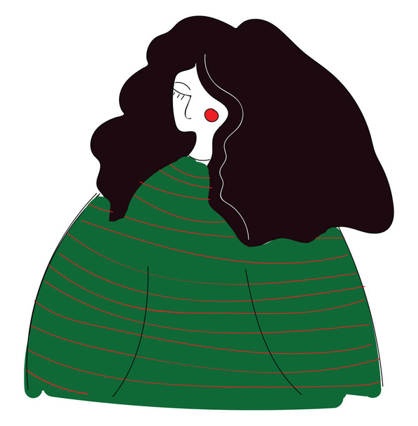 Abstract portrait of a girl with long dark hair in a green sweat - Vektor, obrázek
