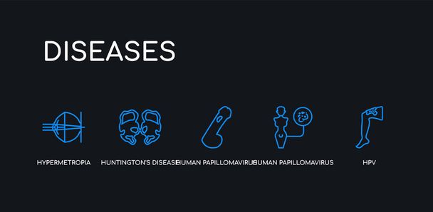 5 περίγραμμα περιγράμματος μπλε HPV, ιός ανθρώπινων θηλωμάτων, ιός ανθρώπινων θηλωμάτων (HPV), νόσος του Χάντιγκτον, υπερμετθία εικόνες από τη συλλογή ασθενειών σε μαύρο φόντο. γραμμή επεξεργάσιμο γραμμικά λεπτά εικονίδια. - Διάνυσμα, εικόνα