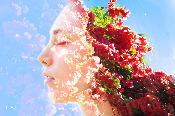 Double exposure profile of a natural beauty with closed eyes and - Zdjęcie, obraz