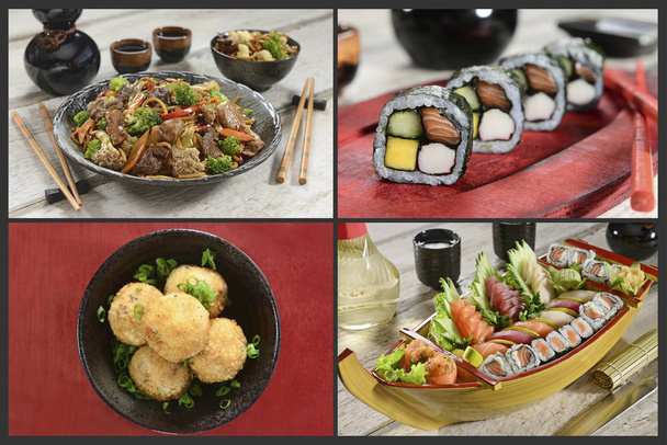 Japanese food four pictures collage - Photo, Image
