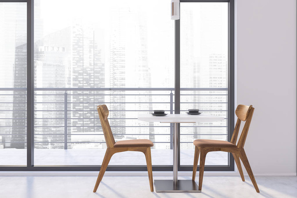 White restaurant interior with wooden tables, chairs. 3d render - Fotografie, Obrázek