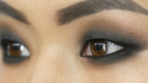 Professional stylist make-up artist makes up the smoky eye of an Asian girl model face in visage studio close up view - Imágenes, Vídeo