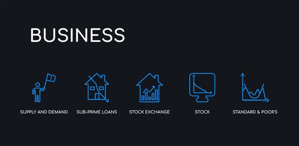 5 outline stroke blue standard & poor's 500 stock index, stock, stock exchange, sub-prime loans, supply and demand icons from business collection on black background. line editable linear thin - Vector, afbeelding