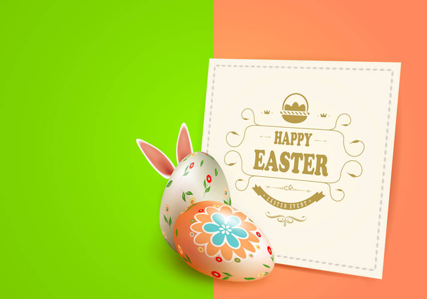 Composizione variopinta di Easter con una serie di uova, orecchi di coniglio e una struttura quadrata
, - Vettoriali, immagini
