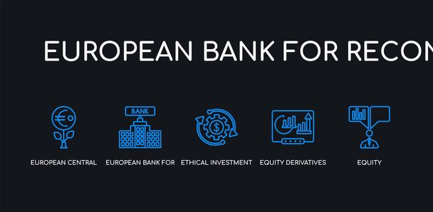 5 zarys skoku błękitnego kapitału, instrumentów pochodnych, etycznych inwestycji, Europejskiego Banku Odbudowy i rozwoju, ikony Europejskiego Banku Centralnego z Europejskiego Banku do zbierania rekonstrukcji - Wektor, obraz