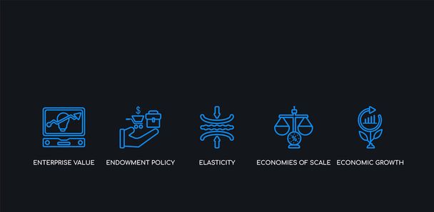 5 περίγραμμα περιγράμματος μπλε οικονομική ανάπτυξη, οικονομίες κλίμακας, ελαστικότητα, πολιτική επιχορήγηση, εικονίδια εταιρικής αξίας από τη συλλογή σε μαύρο φόντο. γραμμή επεξεργάσιμο γραμμικά λεπτά εικονίδια. - Διάνυσμα, εικόνα