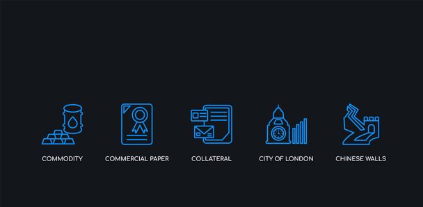 5 overzicht beroerte blauwe Chinese muren, stad van Londen, onderpand, Commercial Paper, commodity iconen uit collectie op zwarte achtergrond. lijn bewerkbare lineaire dunne pictogrammen. - Vector, afbeelding