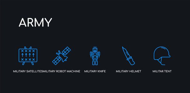 5 overzicht van beroerte blauwe militar tent, militaire helm, militair mes, militaire robot machine, satellieten iconen uit de collectie van het leger op zwarte achtergrond. lijn bewerkbare lineaire dunne pictogrammen. - Vector, afbeelding
