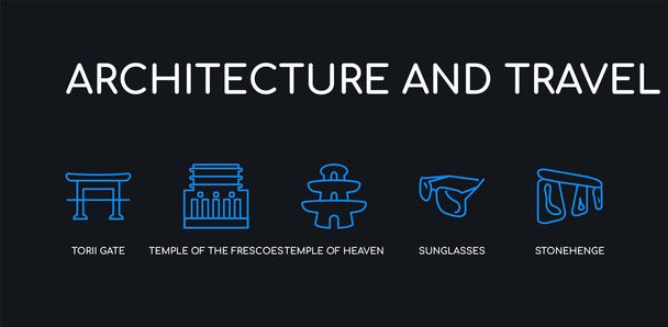 5 vázlat kék körvonal stonehenge, napszemüveg, a templomban az ég, a templomban freskó, a torii kapu ikonok-ból építészet és utazási gyűjtemény a fekete háttér. vonal szerkeszthető lineáris vékony ikonok. - Vektor, kép