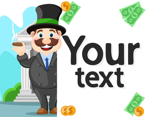 Rich boss smokes a cigar in front of the Bank. Place for text. - Vector, Image