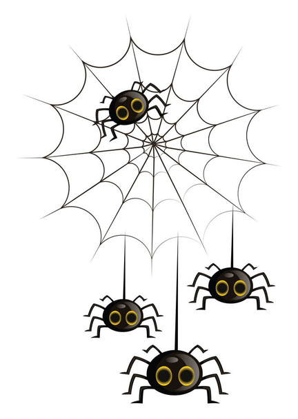 Four black cute cartoon spiders in a spiderweb vector illustrati - Vector, Image