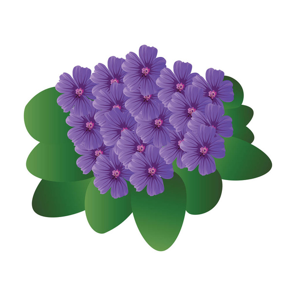 Ilustración vectorial de flores violetas púrpura con hojas verdes o
 - Vector, imagen